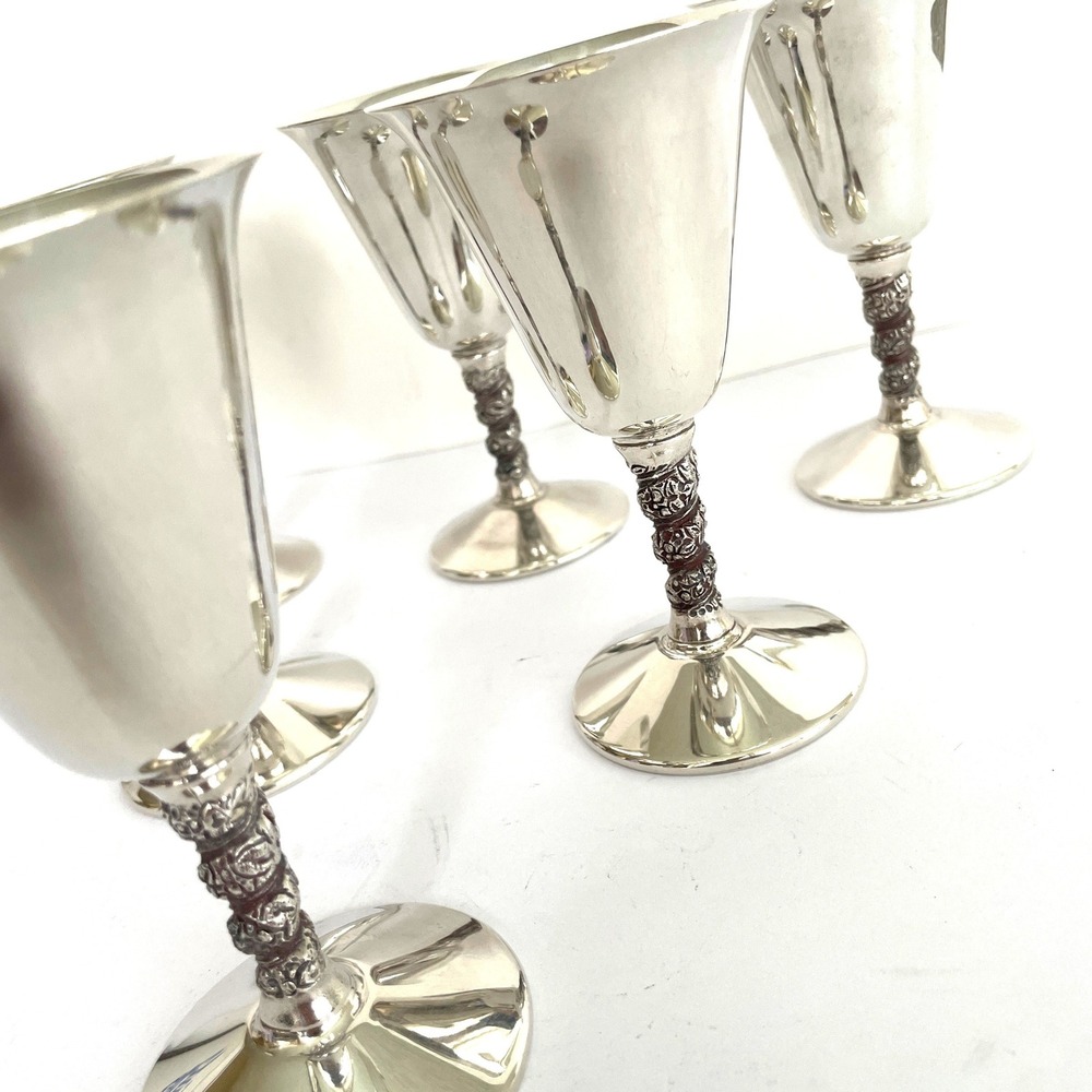 Vintage Silver Plated Cordial Wine Goblets Glasses Set 6 Floral Primrose Plate